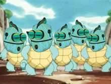 a group of cartoon turtles are standing next to each other with the caption crimson-ghost below them