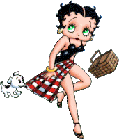 a cartoon of betty boop holding a dog and a picnic basket