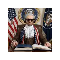 a man sitting at a desk in front of a united states seal