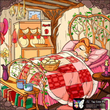 a cartoon drawing of a bedroom with a rabbit sleeping and a calendar that says april 9