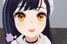 a close up of a girl 's face in a video game with a purple bow