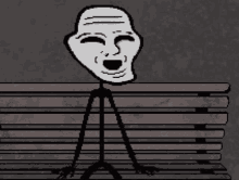 a troll face is sitting on a wooden bench with his eyes closed .