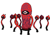 a pixel art drawing of a red monster with a single eye and a bunch of tentacles .