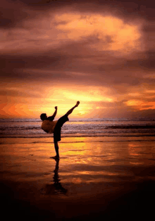 a silhouette of a man kicking in the air at sunset