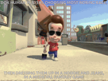 a cartoon of jimmy neutron walking down a sidewalk with the caption " dqx human players choosing most boring race