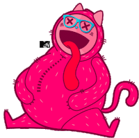 a cartoon of a pink cat wearing glasses and sticking out its tongue