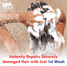 a woman is washing her hair in a shower and the words instantly repairs severely damaged hair with just 1st wash