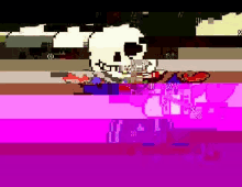 a pixel art of a skeleton eating a pizza on a purple and pink background .