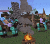 a group of minecraft characters are standing around a campfire with smoke coming out of it