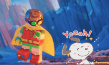 a lego robin and snoopy are standing next to each other with yaaah written on the bottom