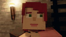 a minecraft character with red hair and green eyes is standing next to a torch