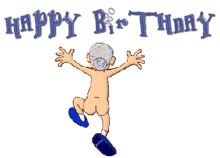 a cartoon of an elderly man jumping in the air with the words happy birthday behind him