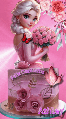 a birthday card for ashley shows a girl in a pink dress holding flowers