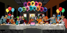 a pixel art of a last supper with a happy birthday banner behind them