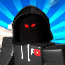 a roblox character wearing a black hoodie and a black hood with red eyes .