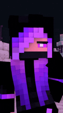 a minecraft character with purple hair and a black hood