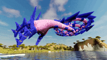 a computer generated image of a pink and blue monster floating over a river