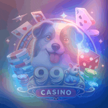 a poster for a 99 casino with a dog and cards