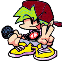 a pixel art drawing of a cartoon character giving a peace sign while holding a microphone .