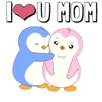 a couple of penguins hugging each other with the words i love u mom behind them