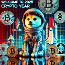 a statue of a doge wearing a space suit is surrounded by coins and rockets and says welcome to 2025 crypto year