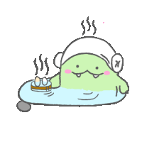 a cartoon drawing of a frog in a bathtub with steam coming out of it