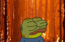 a cartoon frog is standing in front of a forest fire