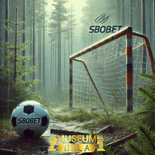 a soccer ball that says ' sbobet ' on it is in the middle of a forest