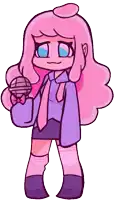 a cartoon girl with pink hair and blue eyes is holding a microphone