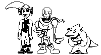 a black and white pixel art of three skeletons standing next to each other on a white background .