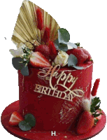 a red birthday cake with strawberries and flowers and a happy birthday topper