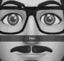 a close up of a man 's face with glasses and a mustache with the words `` pain '' written on it .