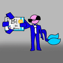 a cartoon character in a blue suit and tie is holding a fbi badge