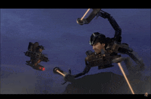 a video game screen shows a man flying through the air with a robot behind him