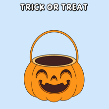 a cartoon of a bear in a pumpkin bucket holding a lollipop with the words trick or treat below it