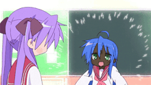 two anime characters are standing in front of a blackboard with numbers on it