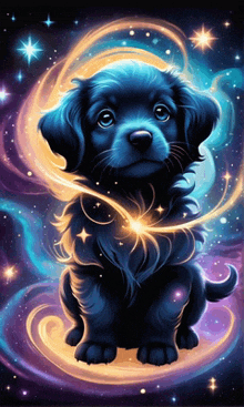 a black puppy is surrounded by a colorful background of stars