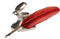 a red feather is sitting on top of a silver inkwell