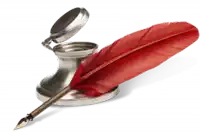 a red feather is sitting on top of a silver inkwell