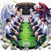 a group of anime characters are sitting on a soccer field in front of a museum bola sign