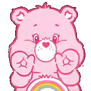 a pink care bear is holding a rainbow in its paws .