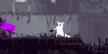 a pixel art of a white cat standing next to a purple ghost