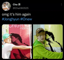 a black screen with a picture of a person and the words omg it 's him again #jonghyun #onew