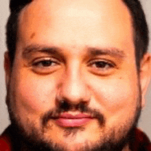 a close up of a man 's face with a beard wearing a red plaid shirt .