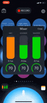 a phone screen displays a mixer app that allows you to record sounds and mic