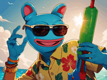 a cartoon character wearing sunglasses and holding a green water gun