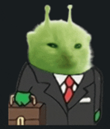 a green cat in a suit and tie holding a briefcase