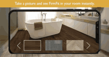 a phone screen shows a bathroom with the words take a picture and see firmfit in your room instantly on the bottom