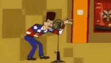 a cartoon character is singing into a microphone while wearing a patriotic shirt .