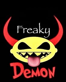 a yellow demon with red horns sticking out its tongue and the words freaky demon below it